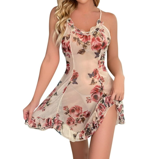 Gibobby Pijamas Mujer Verano Sexy Pijamas Conjunto de lencería sexy de camisón con tirantes de encaje sexy estampado con cuello en V para mujer(Beige,XL)