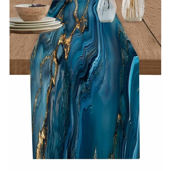 Marble Blue Table Runner-Cotton Linen- 90 Inch Holiday Dresser Scarves, Abstract Crack Cave Golden Crack Modern Tablerunner for Kitchen Coffee/Dining Bedroom Home Living Room Dinner Scarf Décor 13x90