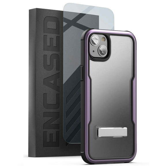 Encased Exos Armor Designed for iPhone 14 Case with Stand and Screen Protector (Aluminum Metal Frame and Kickstand) Purple
