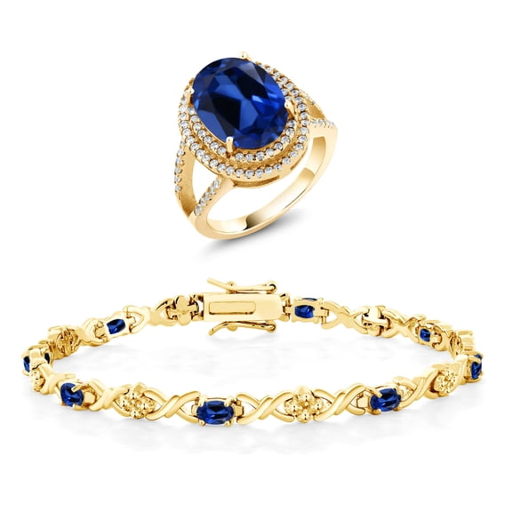 Gem Stone King 11.64 Ct Blue Simulated Sapphire 18K Yellow Gold Plated Silver Ring and Bracelet Jewelry Set (Size 5)
