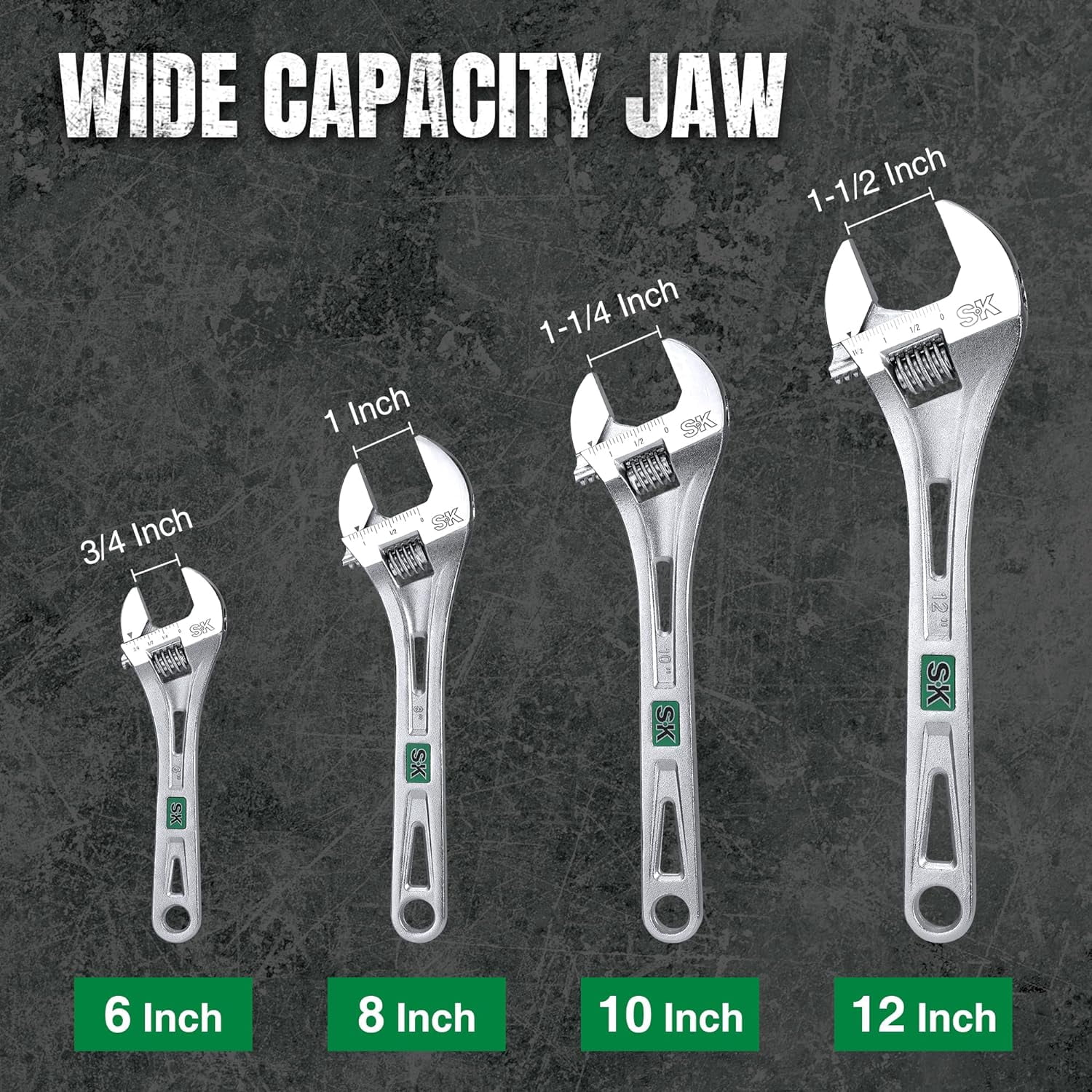 SK 3-Piece Adjustable Wrench Set, 6-Inch, 8-Inch, 10-Inch, Cr-V Steel, SAE & Metric Scales