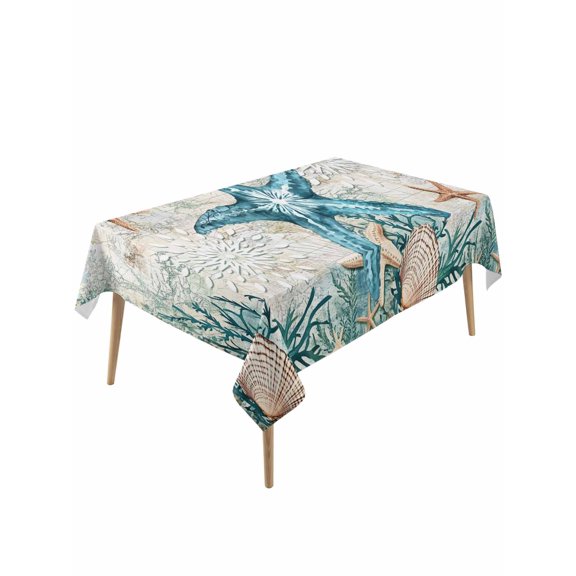 Teal Coastal Starfish Table Cloth, Vintage Summer Beach Nautical Coral Waterproof Tablecloth for Rectangle Tables, Reusable Washable Fabric Table Cover for Restaurant Kitchen Dining Tables 60"x120"