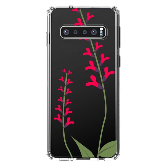 DistinctInk Clear Shockproof Hybrid Case for Samsung Galaxy S10 (6.1" Screen) - TPU Bumper Acrylic Back Tempered Glass Screen Protector - Wildflowers Hot Pink