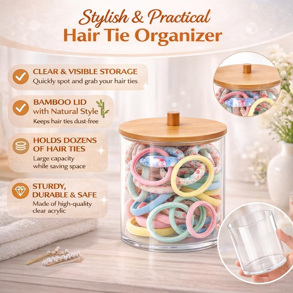 RGHJAR-2Packs Scrunchie Organizers HolderHair Accessories Organizer with Wooden Lid,Acrylic Hair Tie Clip for Bathroom Storage Organizer & Beauty Supplies(Clear)