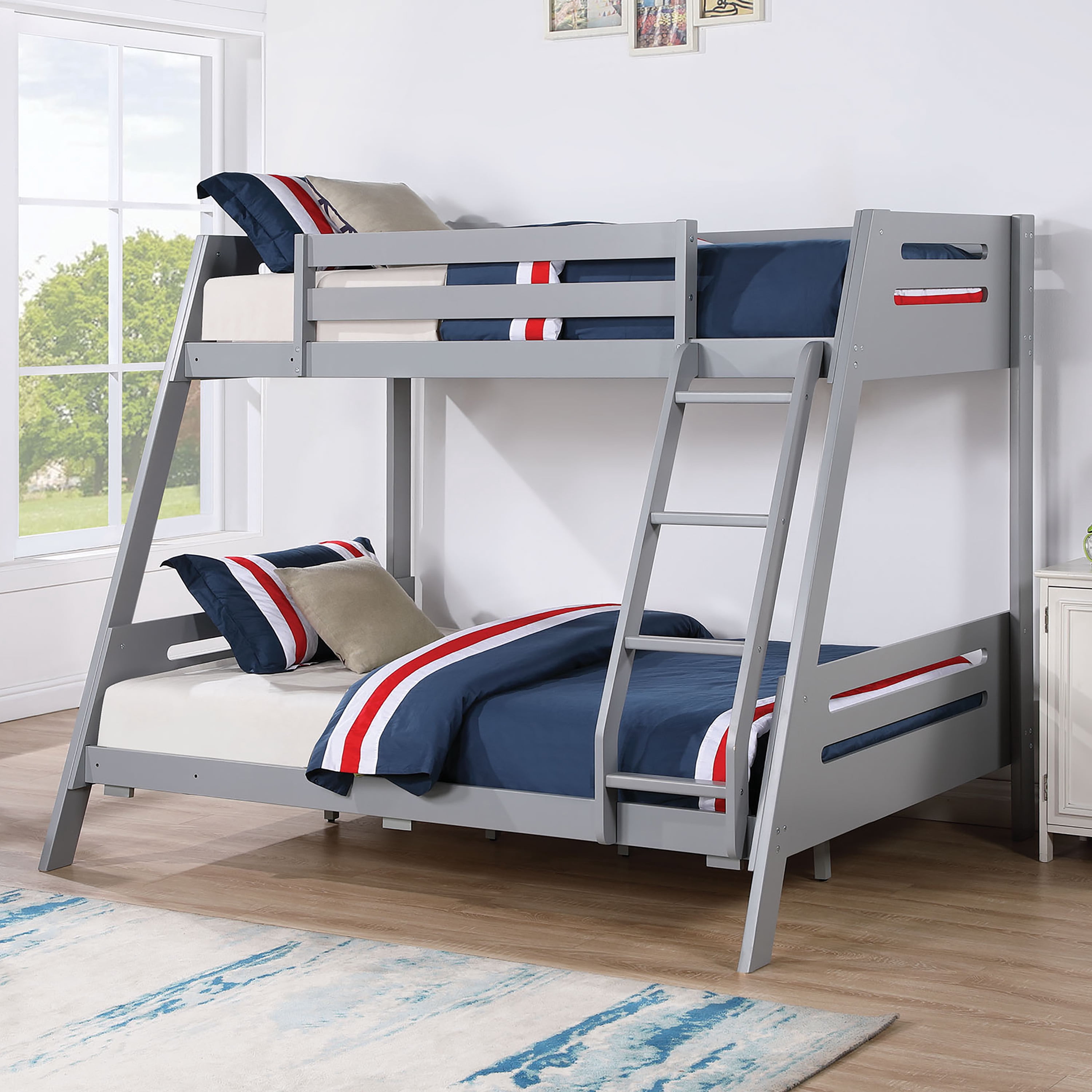 Furniture of America Bria Kids Solid Wood Twin-over-Full Bunk Bed, Gray
