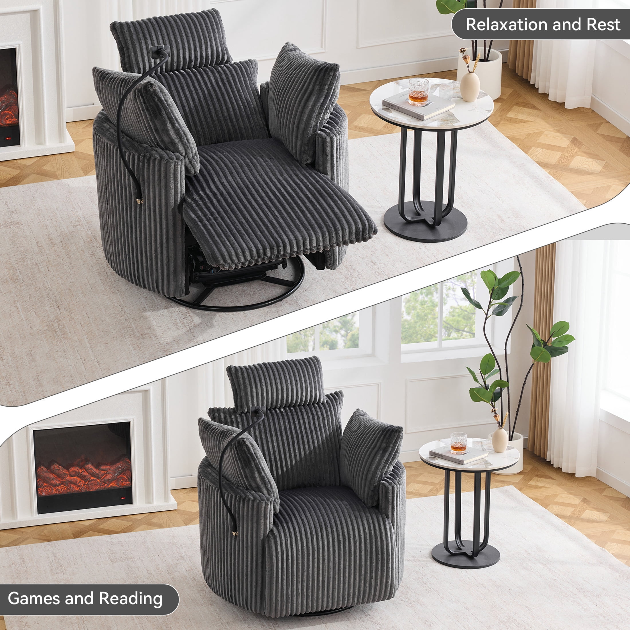 Noble House Sigrid 360° Swivel Rocking Recliner Chair, Electric Power Adjustable Corduroy Armchair with USB, Gray