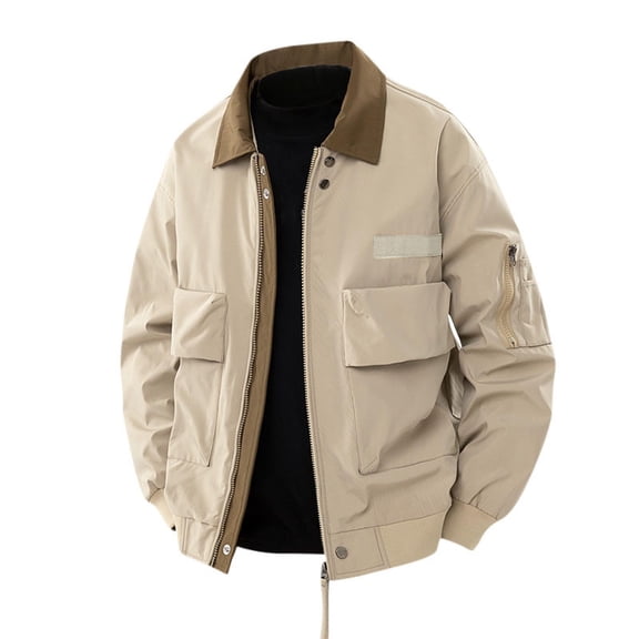 YYDGH Men's Cargo Jackets Lapel Zip Up Aviator Jacket Windbreaker Casual Loose Fit Lightweight Coat Outerwear Khaki M