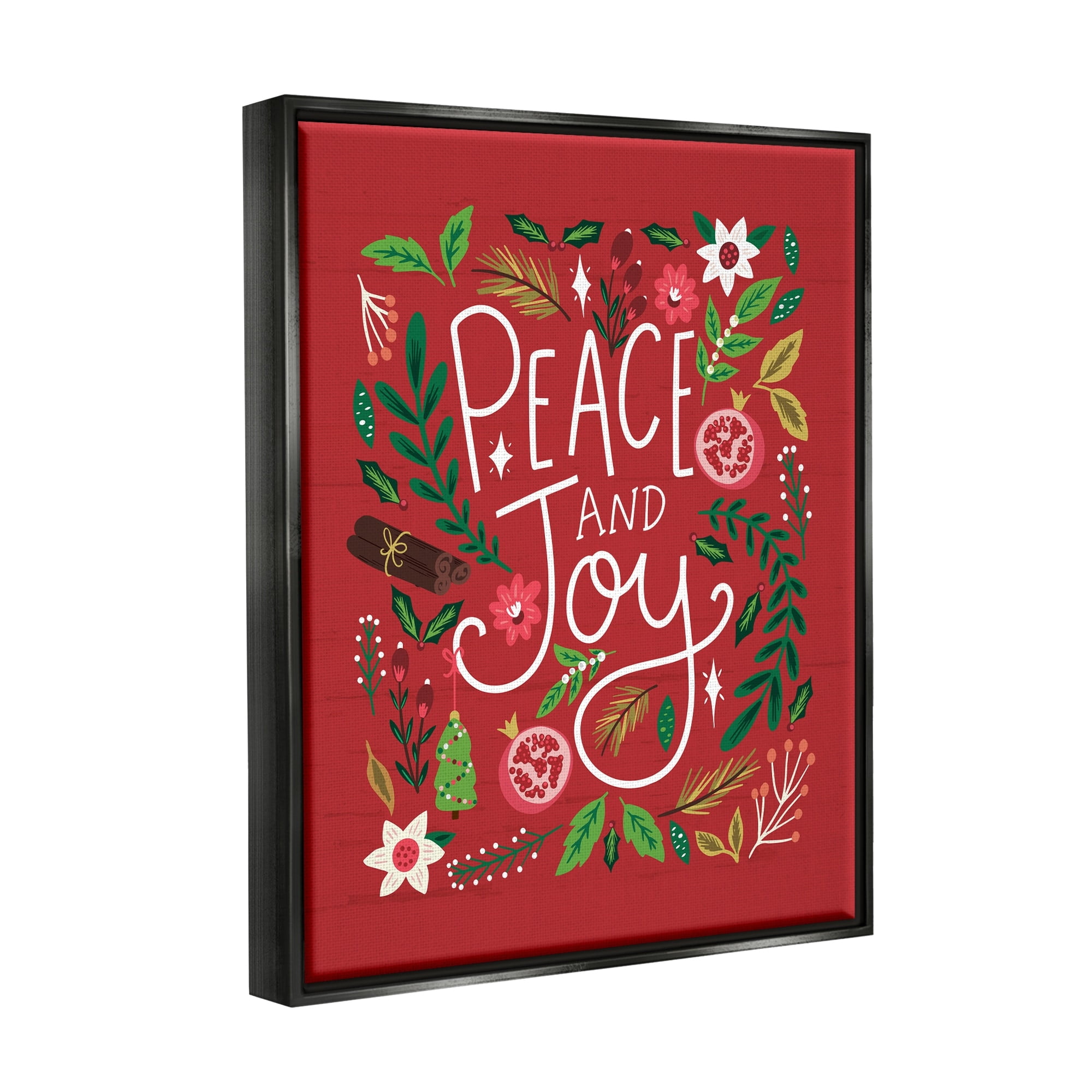 Stupell Industries Peace & Joy Holiday Botanicals Plants Modern Calligraphy Graphic Art Metallic Gold Floating Framed Canvas Print Wall Art, Design by Louise Allen
