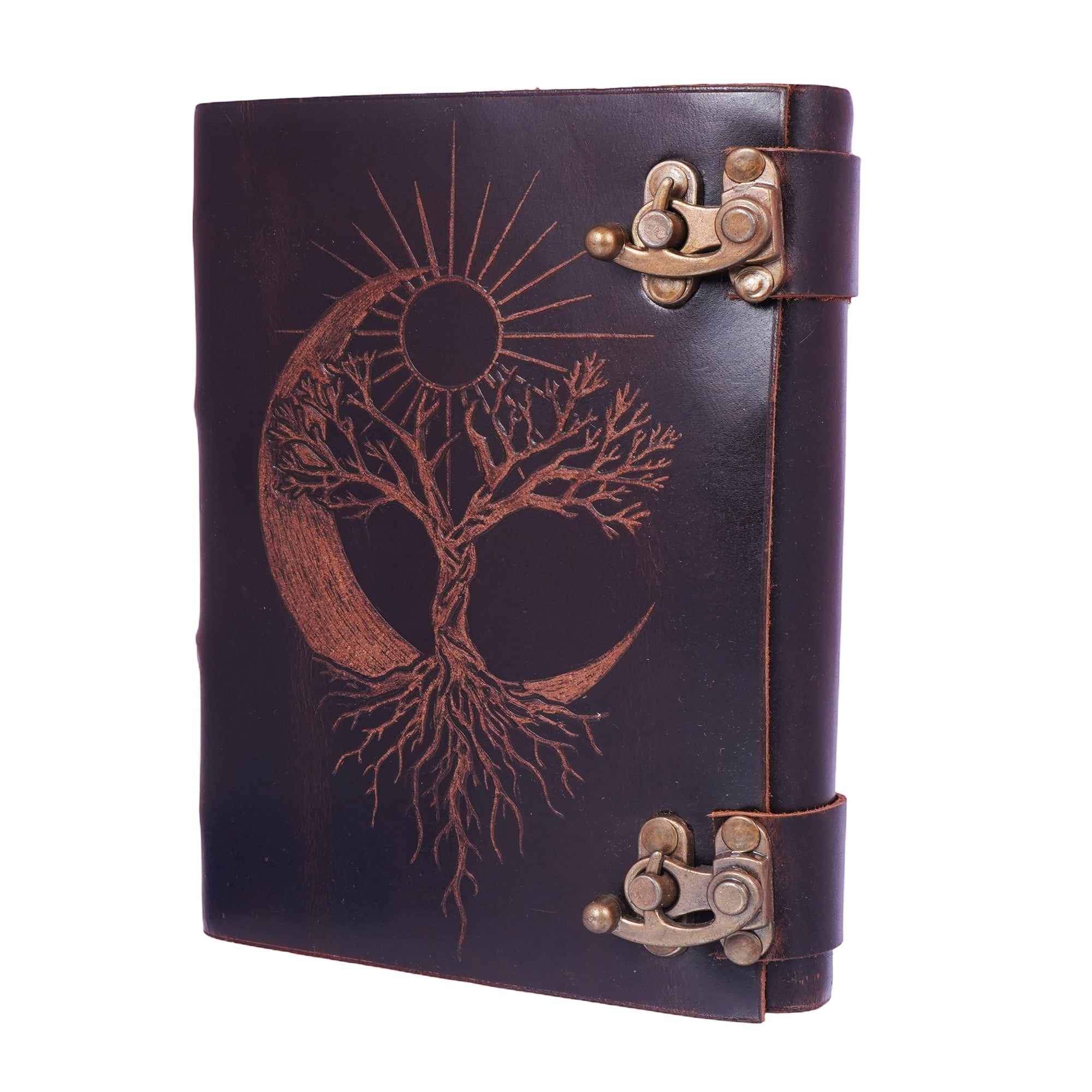 Sun Moon Tree Leather Journal – Handmade Brown 5x7 Embossed Diary with Celestial Tree Design