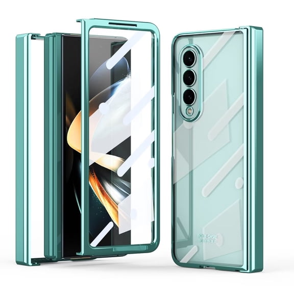 MonsDirect for 7.6 inch Samsung Galaxy Z Fold 3 5G 2021 Case, Clear Plating Frame Hard PC Back Shell With Screen Protector, Slim Anti-Drop Free Folding Hinge Protection for Galaxy Z Fold 3, Green