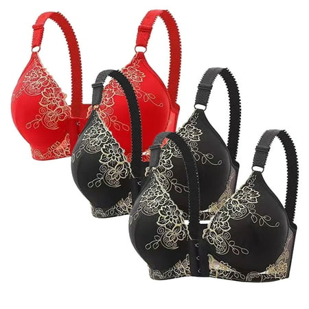Gnurob Front Closure Bralette for Womens Plus Size Seamless Bra 3 Pack Lace Wireless Bralettes Padded Push Up Bras Beauty Back Smoothing Brassiere Clearance Saving Black XX-Large