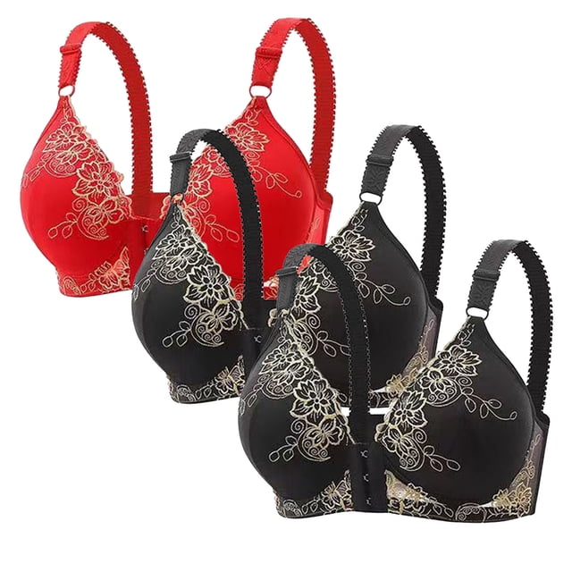 DecSea 3PC Women's Large Lace Breathable Front Opening Bra Wrapped Up Cup Side Fold Breast Lift Bra