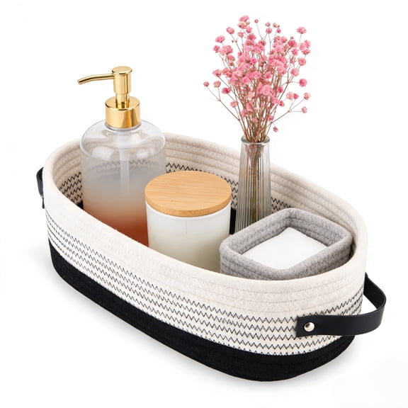 Bevtee Cotton Rope Small Woven Basket,Toilet Paper Basket, Storage Bins with Handles, 13"x5.9"x4", Black