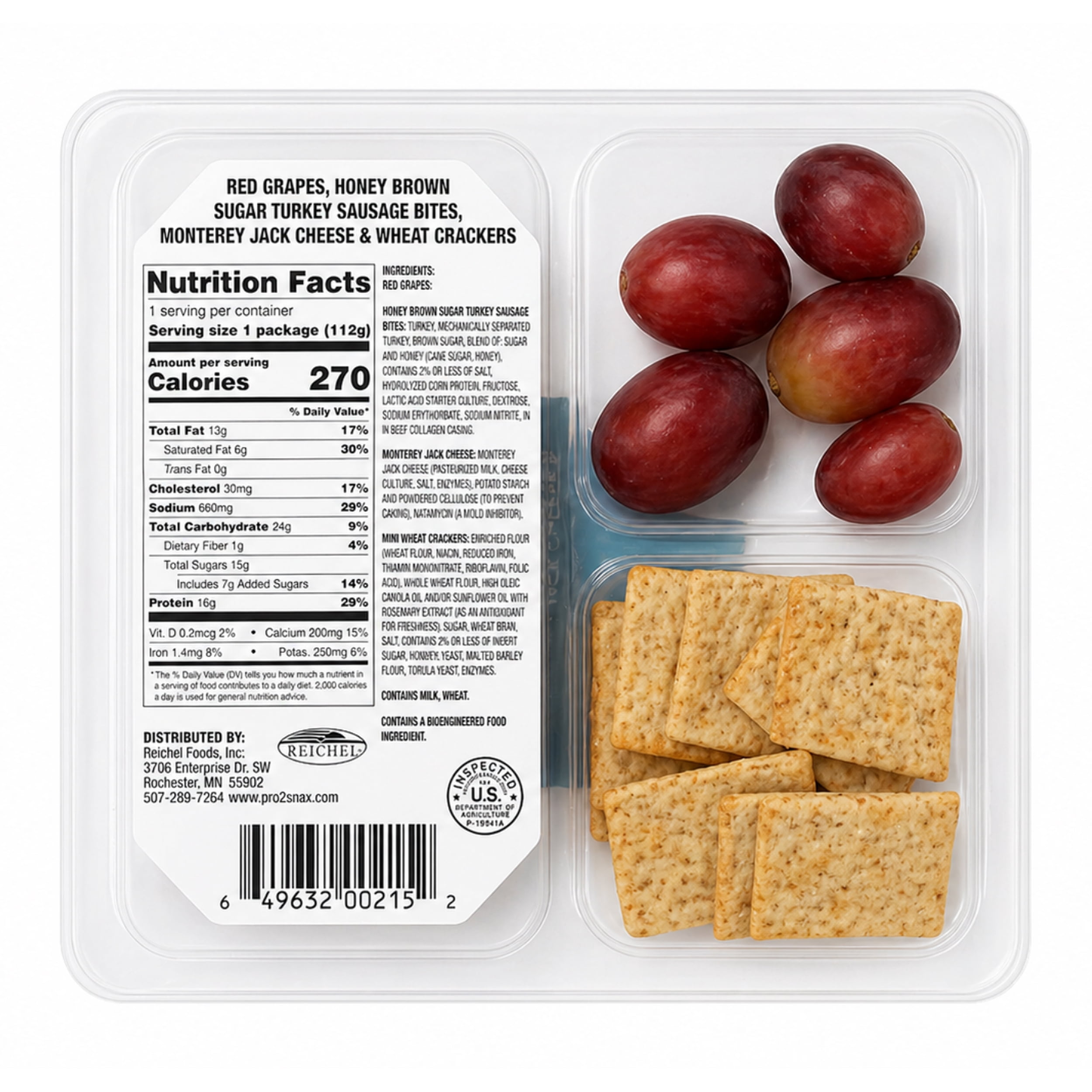 PRO2snax To The Max Red Grapes, Honey Brown Sugar Turkey Sausage Bites, Monterey Jack Cheese & Wheat Crackers, 3.95 oz.