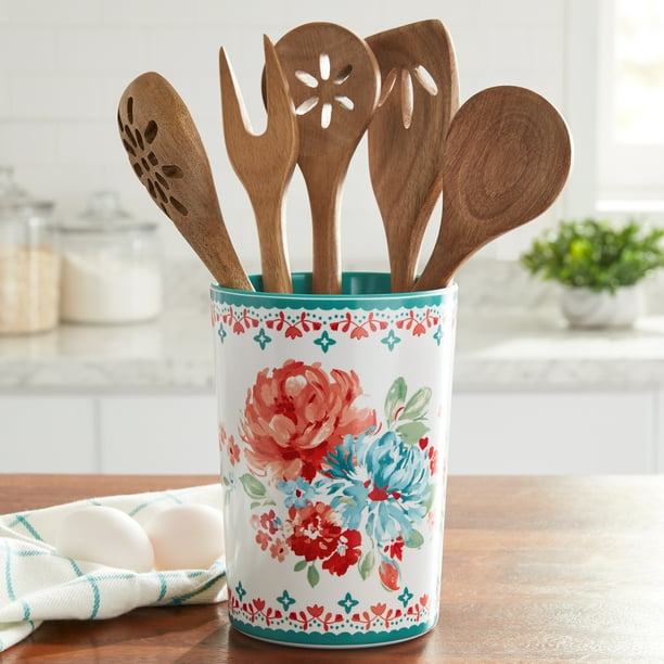 The Pioneer Woman 6Piece Melamine Utensil Crock with Wood Tools