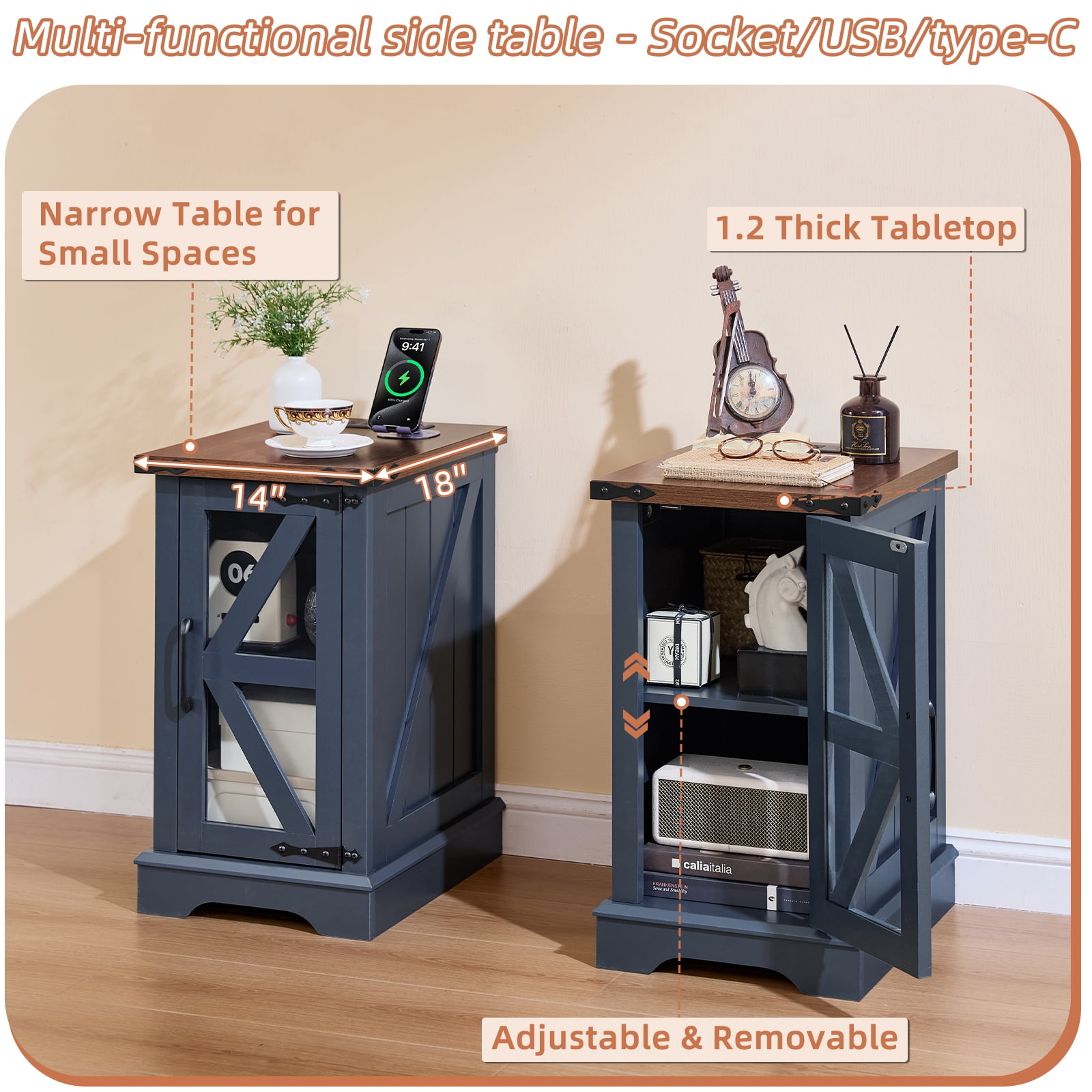 Joaxswe Coffee Table Set of 3, Flip Top Coffee Table with Large Hidden Storage, 2 Farmhouse Nightstands with Charging Station for Living Room, Navy