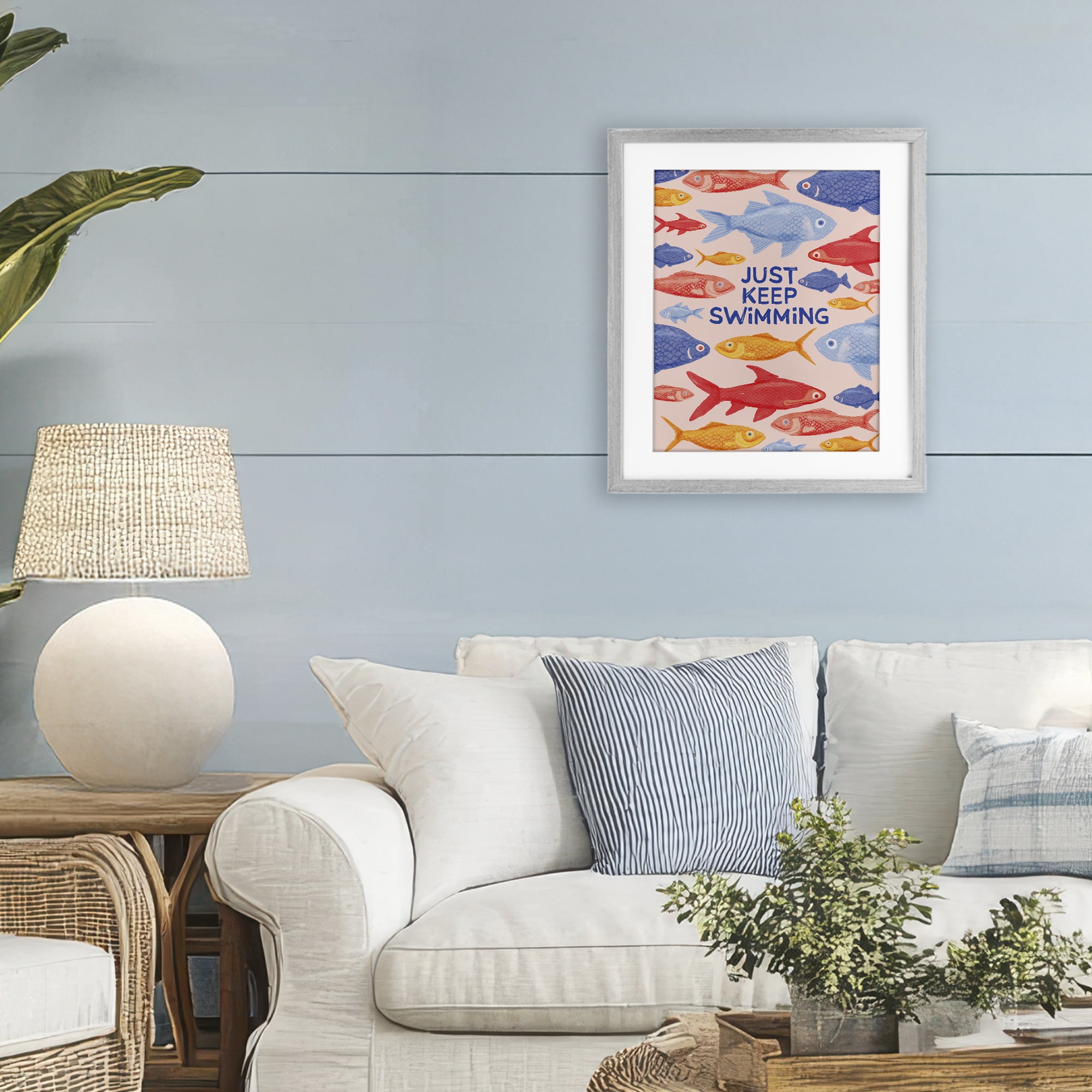 Stupell Industries Just Keep Swimming Fish Gray Framed Print Under Glass, design by The Paper Curator