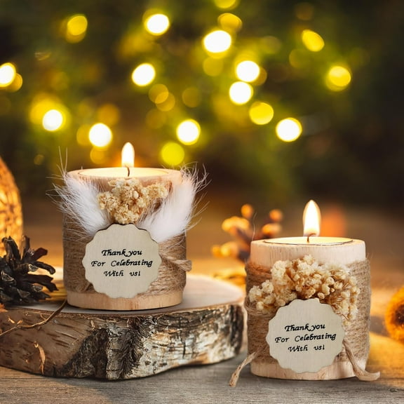 20 Sets Baptism Candle Favors for Guests - Wooden Candle Holders with Tealight Candles, Tags and Gift Boxes (Beige, Thank You)