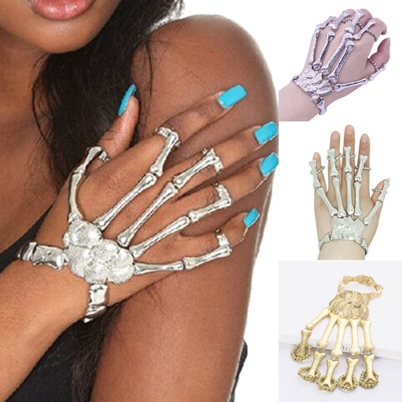 siminsem Skull Finger Bracelet Gothic Punk Gloves for Men Women Adjustable Metal Skeleton Hand Halloween Accessory Nightclub Party Cosplay Prop 1 Pair, Silver,One Size