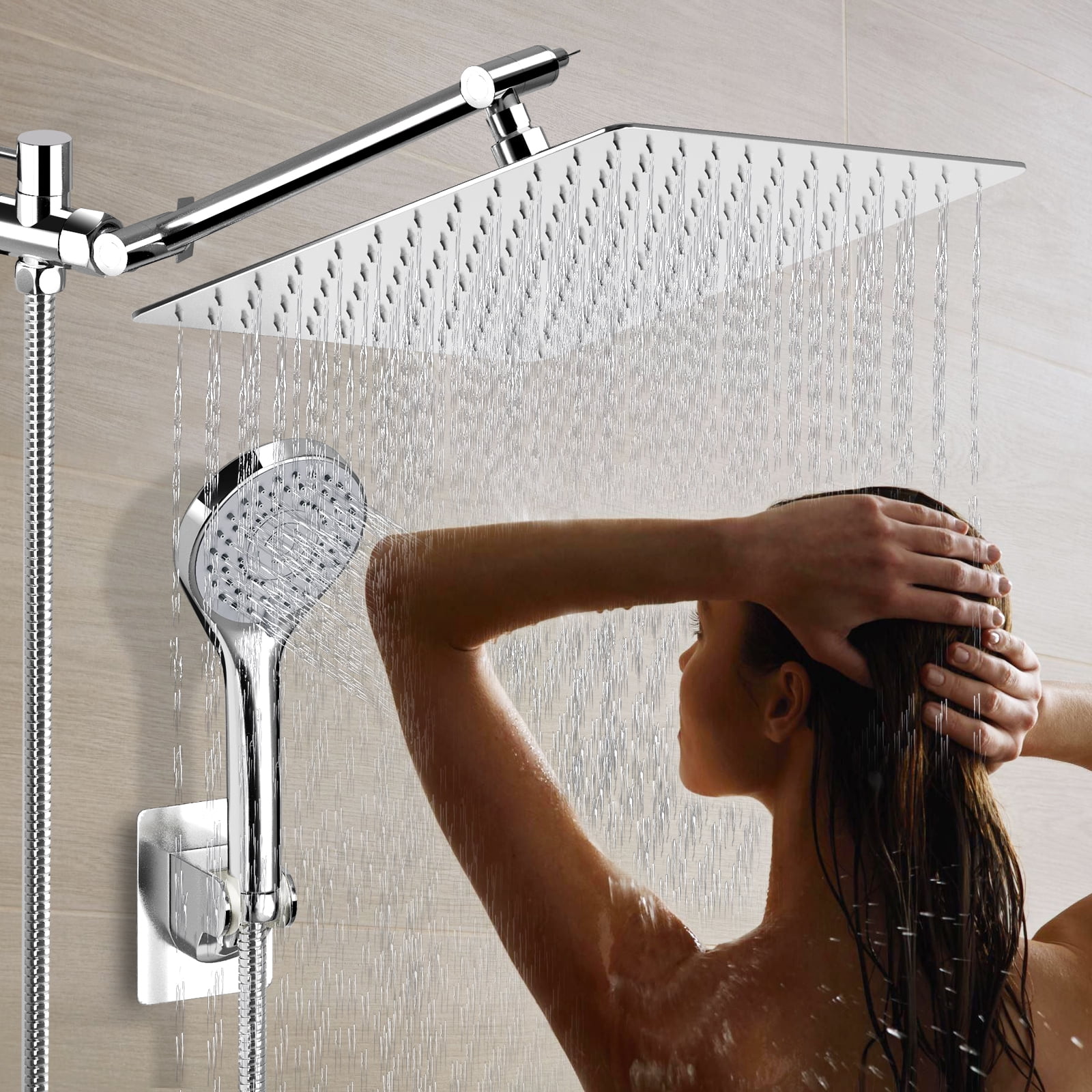 "Amobro 12\"" Magnetic Dual Shower Head, High Pressure Rainfall, Anti-Leak, Adjustable, Chrome, Matte Silver"