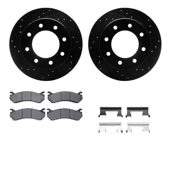 Dynamic Friction Company Rear Brake Rotors-Drilled and Slotted-Black with Heavy Duty Brake Pads includes Hardware 8212-48010