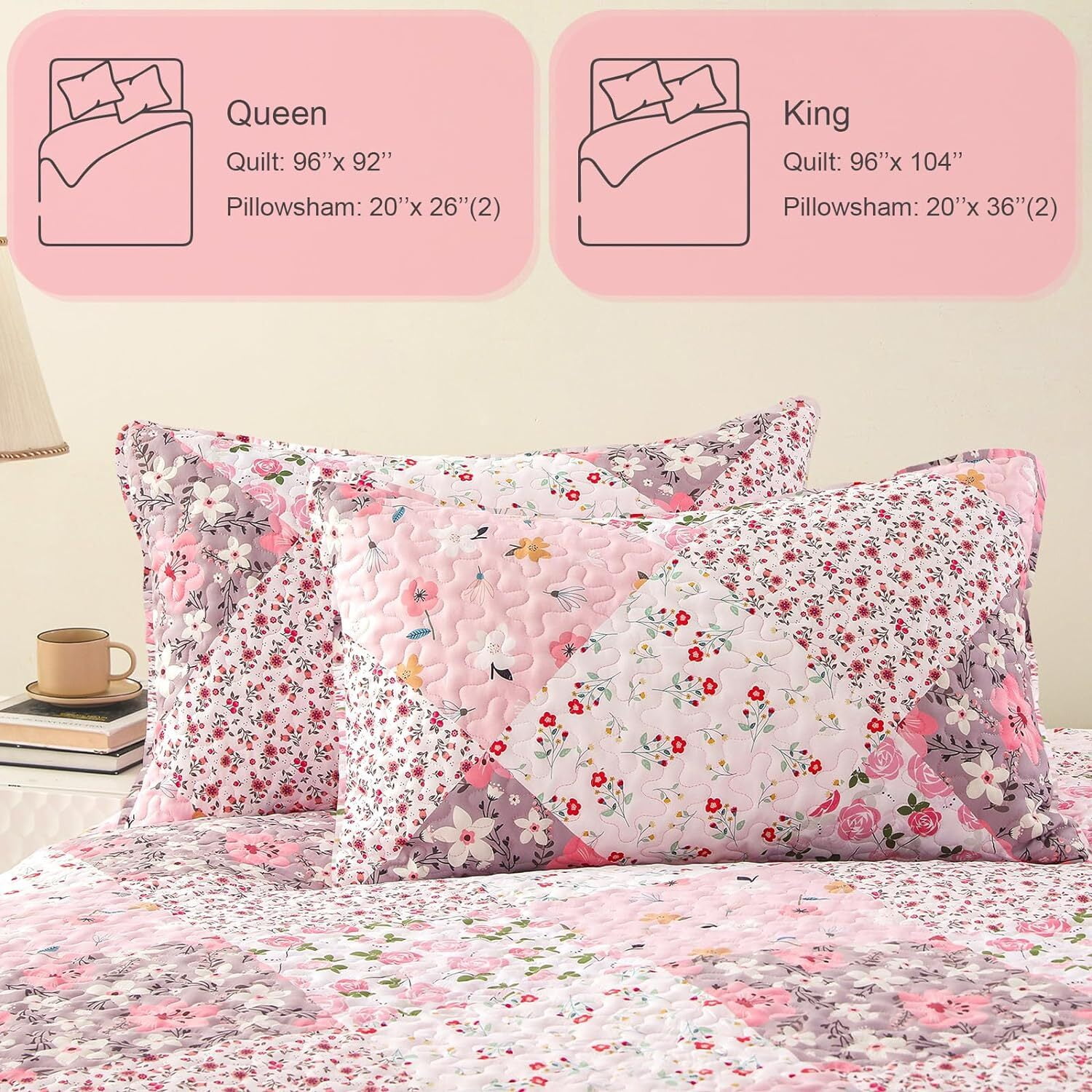 Whale Flotilla Reversible Patchwork Quilt Set Queen Size, Lightweight Boho Printed Bedspreads Coverlets Quilts Bedding Set with 2 Pillow Shams for All Seasons, Pink