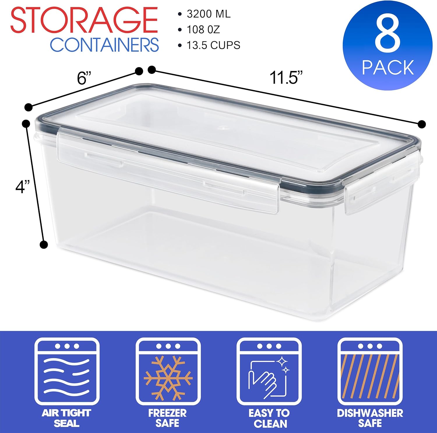 8-Piece Airtight Food Storage Containers -  Plastic Pantry Bins for Cereal Pasta Flour Nuts Candy
