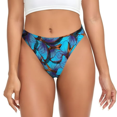 Zeuib Blue Butterflies Print Seamless Women Underwear Thongs High Waisted No Show Ladies Panties Breathable Comfortable Brief Hi Rise Undies-Medium