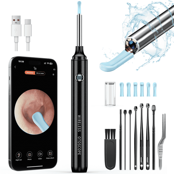 ILAVYO 1080P Wireless Ear Cleaner with Camera, Safe Ear Wax Removal Kit with Light, 6 Tips for iPhone & Android, Black