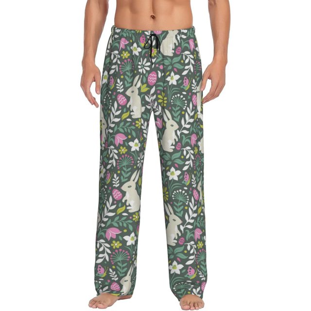 Fotbe Retro Bunny Floral Pantalones de Pijama para Hombre, Pantalones de Dormir, Pantalones de Casa con Cintura Ajustable y Bolsillos-Medium