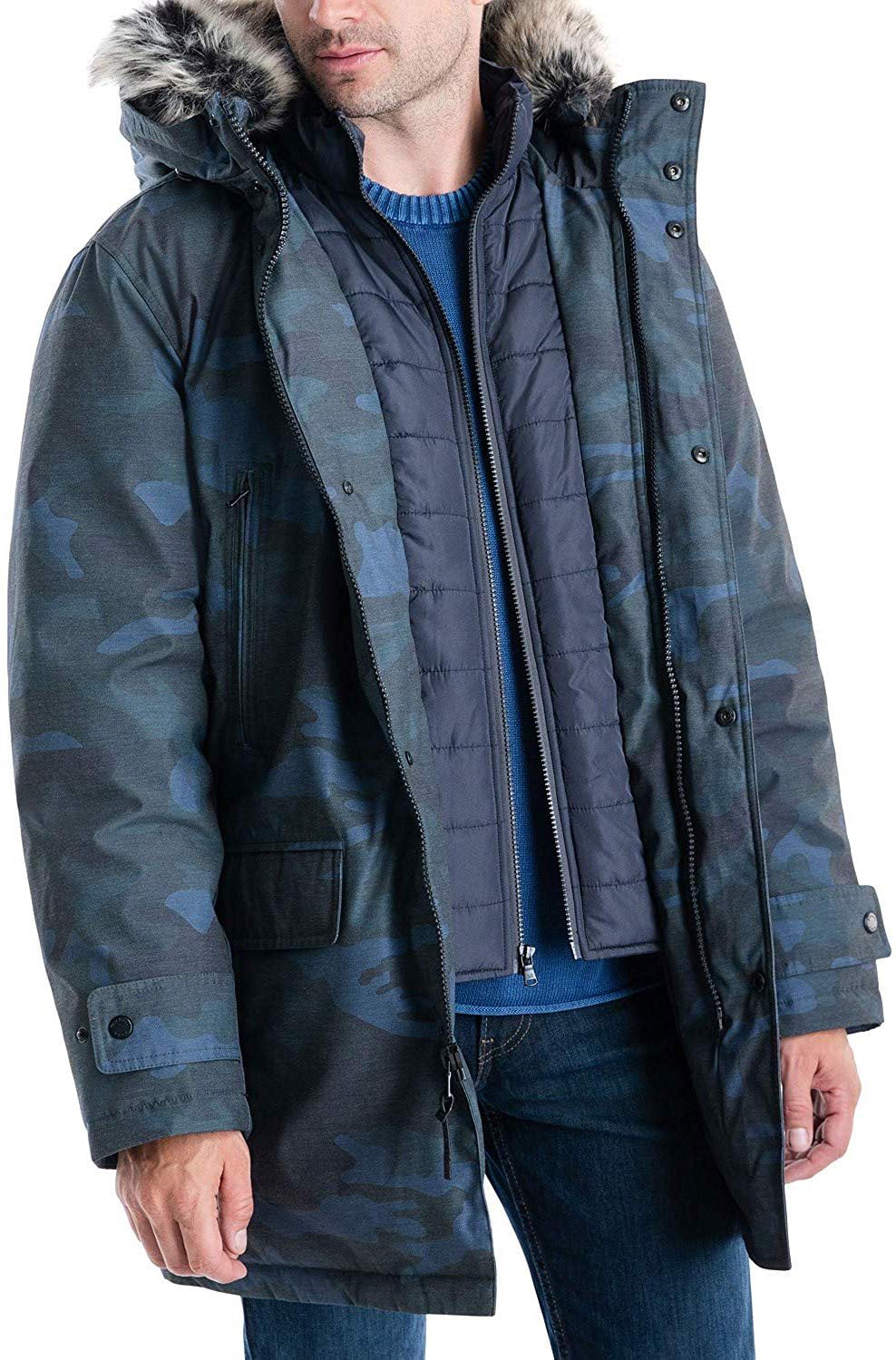 Michael Kors Men's MMK791896 Heavyweight Hooded Snorkel Parka Coat with Bib  - Navy Camo - XL 
