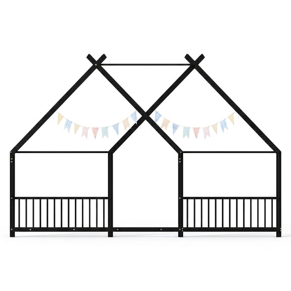 Full Size Metal House Bed Frame, Montessori Floor Bed with Safety Side Guard Rail