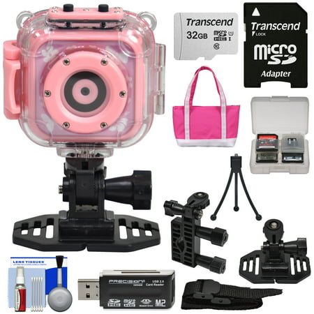 Precision Design K1 Kids HD Action Camera Camcorder (Pink) with Helmet + Handlebar Bike Mounts + 32GB Card + Case + Mini Tripod + (Best Bike Helmet Camera)