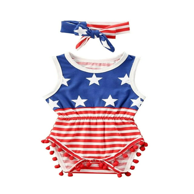 Jour de l'Indépendance Bébé Filles Garçons Rompers Sans Manches à Rayures Combinaisons Bandeau 2pcs 4ème de Tenues de Juillet