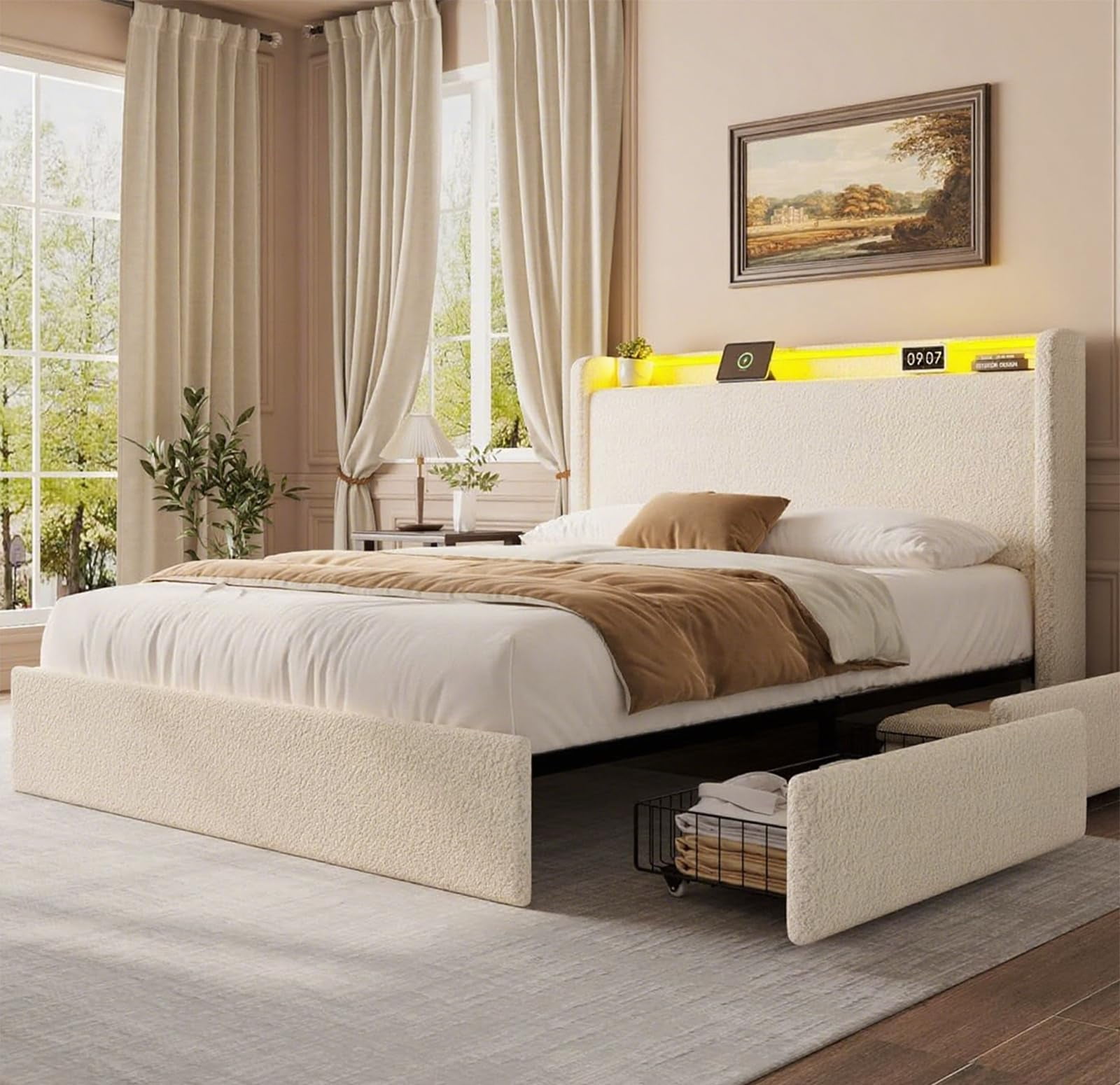 Queen Size Upholstered Platform Bed Frame with LED Lights, Includes 4 Storage Drawers & Headboard with Charging Station, Solid Wood Slat Support, No Box Spring Needed, in Cream