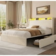 thumbnail image 3 of Queen Size Upholstered Platform Bed Frame with LED Lights, Includes 4 Storage Drawers & Headboard with Charging Station, Solid Wood Slat Support, No Box Spring Needed, in Cream, 3 of 8