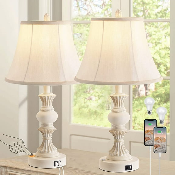 Partphoner French Style Touch Control Table Lamp Set of 2, 3-Way Dimmable with 2 USB Charging Ports