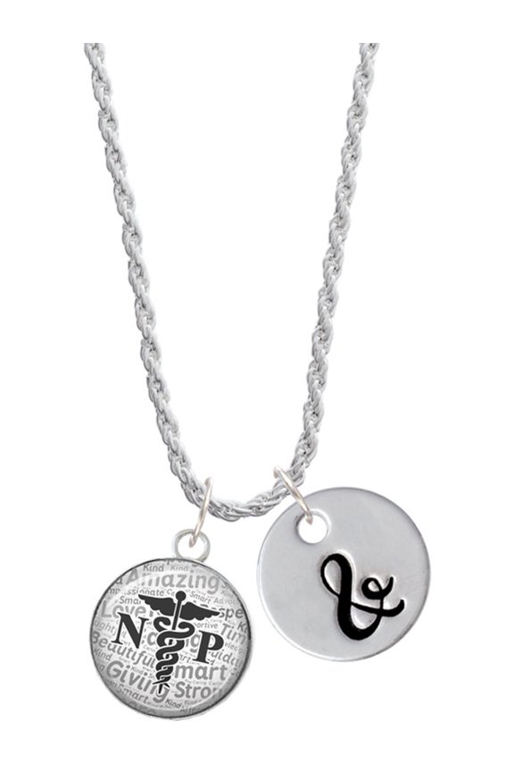 Silvertone Domed Black NP Silvertone Script Initial Disc - & - Charm Necklace, 20"+3"