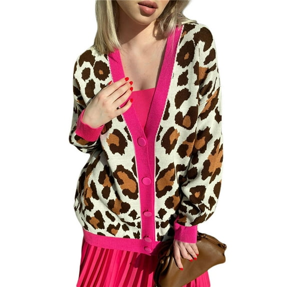 Seyurigaoka Women’s Button Down Cardigan Tops Long Sleeve V Neck Leopard Print Oversized Sweater