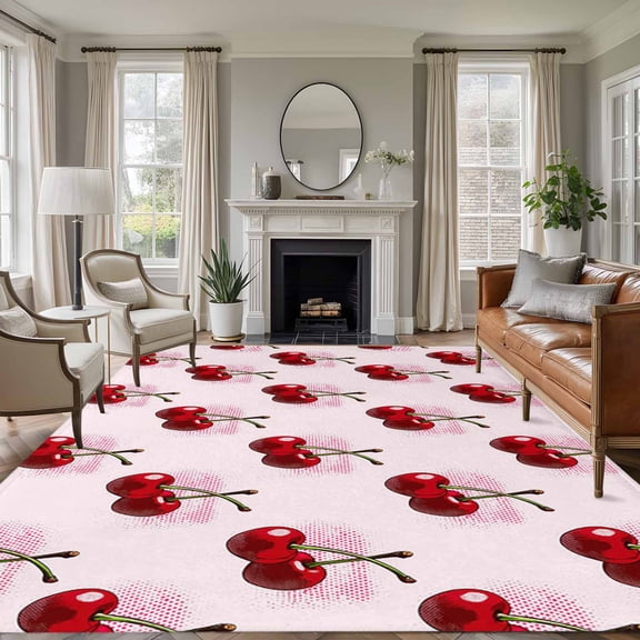 Pink Cherry Area Rugs 8'x10', Washable Small Throw Rugs for Living Room Patio, Farmhouse Watercolor Cherries Fruits Indoor Outdoor Rug Non-Slip Low Pile Carpet Runner Reversible Floor Mats