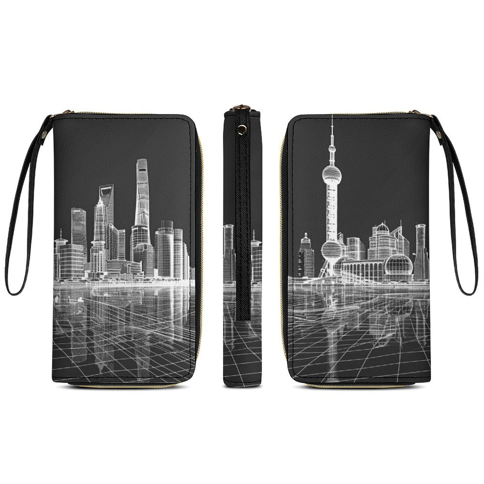 Womens Wallet Bifold Ladies Cluth Bag Wristlet Wrist Strap Long Purse SHANGHAI Hologram Design