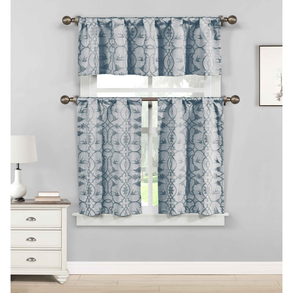 Blue 3 Piece Jacquard Window Curtain Set Botanical Design, 2 Tiers, 1