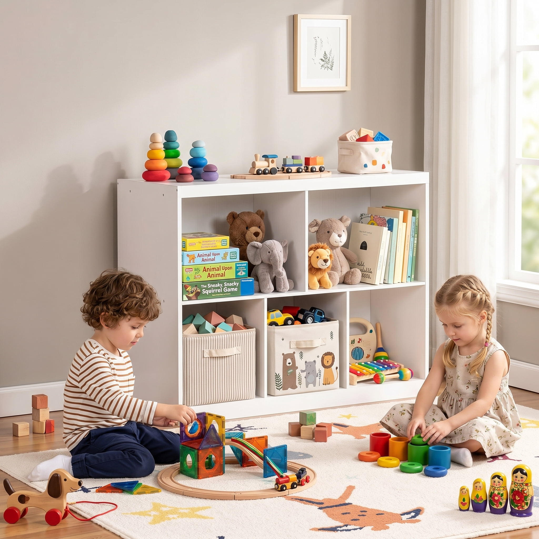 BRINJOY 3 Tiers Kids Bookcase Toy Storage Organizer, Kids Bookshelf Toy Cabinet for Playroom, Montessori Bedroom Storage for Daycare Home