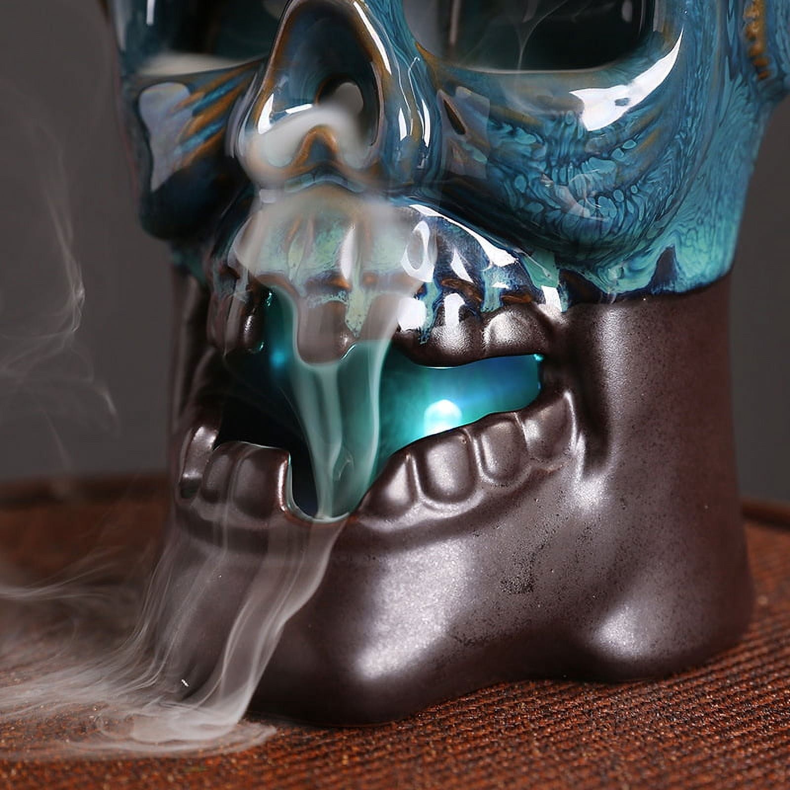 Creative European Skull Backflow Incense Burner Ceramic LED Light Backflow Aromatherapy Furnace Holder for Living Room Teahouse Decoration