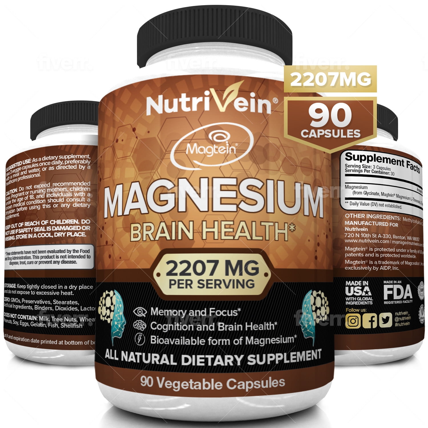 Nutrivein Magnesium L-Threonate (MgT) - 90 Capsules - Boosts Brain Health, Memory & Focus