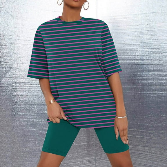 Sakmal Elbow-Length Womens Pajamas Sets Under $10 Shorts Pant Green Comfy Striped Loose Fit Women'S Sleepwear