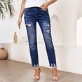 thumbnail image 4 of Women's Mid Rise Distressed Straight Leg Jeans with Raw Hem, Classic Blue Denim Casual Pants for Everyday Wear, 4 of 4