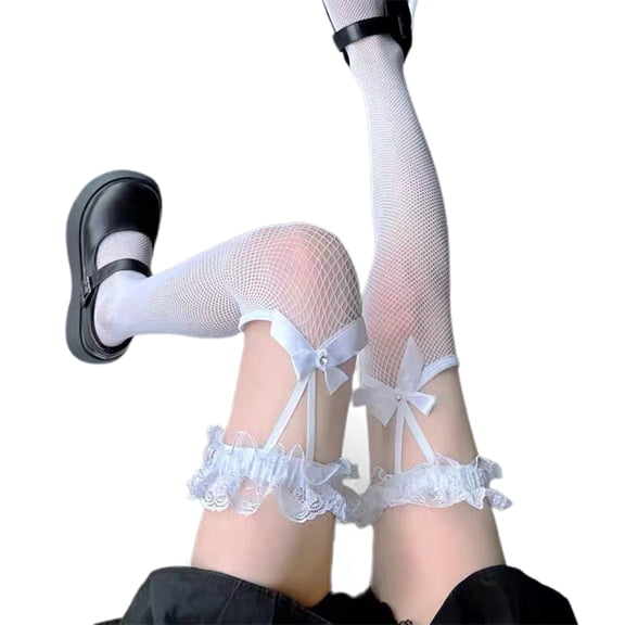 Mightlink 1 Pair Women Stockings Solid Color Lace Bow-knot Sexy Mesh See Through Great Stretch Socks for Daily Wear