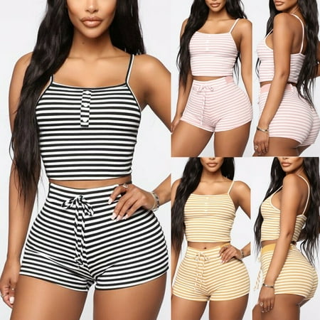 

Women s Casual Underwear Sexy Lingerie Pajamas Striped 2pcs Button Crop Top+High Waist Drawstring Shorts Sets