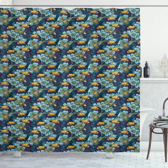 Birds Shower Curtain, Tropical Hawaiian Flower and Alluring Keel-Billed Toucan Bird, Fabric Bathroom Set with Hooks, 69W X 75L Inches Long, Earth Yellow Teal and Turquoise, by Ambesonne